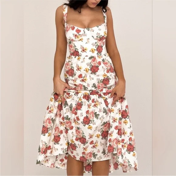 knee length dresses for ladies House Of CB Elia Ivory Floral Midi Sundress